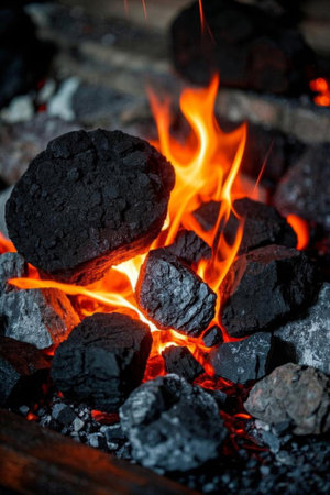 Close up of burning charcoal and flamesの素材