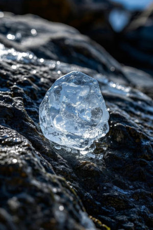 Close up of clear ice cubes on rocksの素材