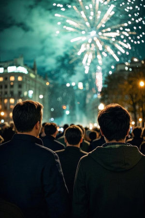 Crowds watch fireworks explode in the night skyの素材