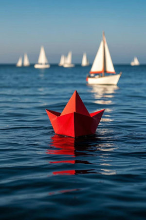 Red paper boats and sailboats at seaの素材