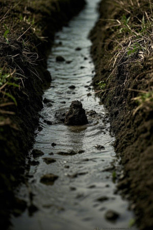Close up of the small canal in the fieldの素材