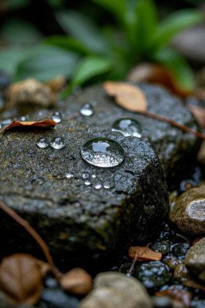Water droplets and fallen leaves on the stoneの素材