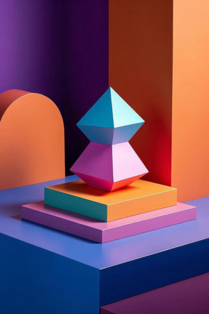 Colorful geometric shapes displayed in three dimensionsの素材