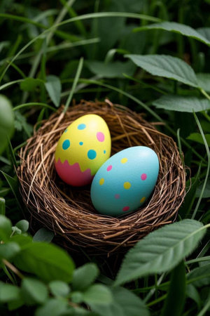 Easter eggs in a bird's nest on a meadowの素材