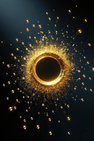 Golden particles surround a black ringの素材