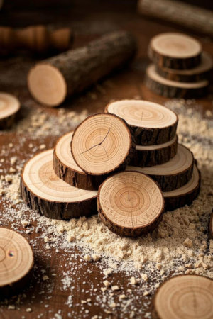 Stacked log slices and sawdust materialsの素材