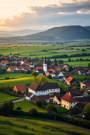 Panoramic view of the countryside in a European villageの素材
