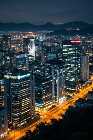 Night view of the city's high rise buildingsの素材