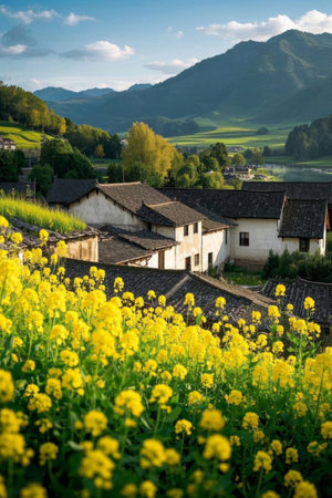 Rural rapeseed fields and quaint residential landscapesの素材