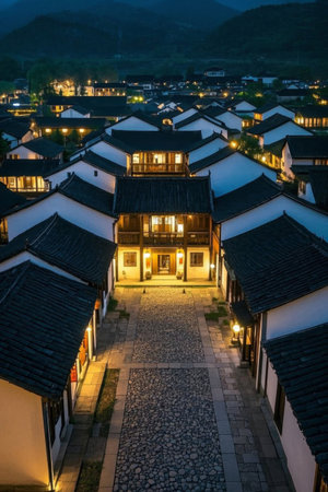Panoramic view of the ancient village houses at nightの素材