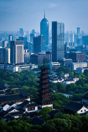 View of ancient towers and modern high rise buildings in the cityの素材
