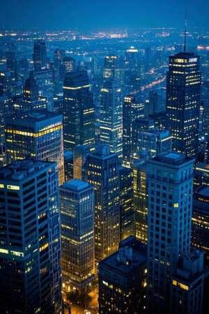 City high rise overlooking the landscape at nightの素材