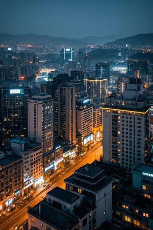 A panoramic view of the city's high rise night viewの素材