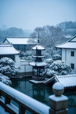 Chinese garden snow sceneの素材