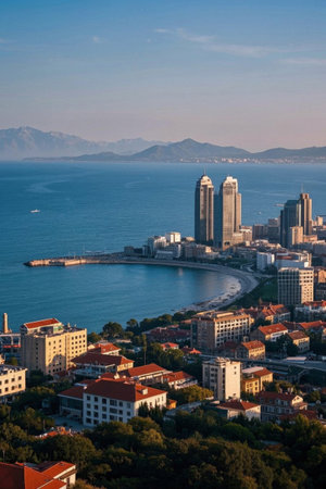 Overlooking the seaside city buildings and sea viewsの素材