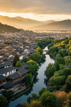 Panoramic view of rivers and buildings in Lijiang Old Townの素材