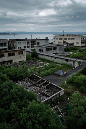 Abandoned buildings and surrounding vegetation landscapeの素材