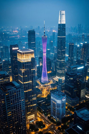 Aerial view of Guangzhou's urban architecture at nightの素材
