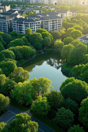 Aerial panoramic view of the lakeside residential areaの素材