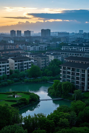 Sunset view of the river in the urban residential areaの素材