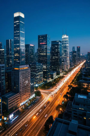 Night view of city skyscrapers and street trafficの素材