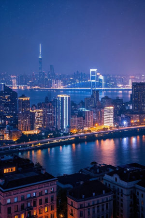 City night view of high rise buildings and river landscapeの素材