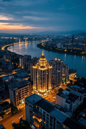 Aerial panoramic view of the city at nightの素材