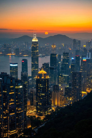Hong Kong city dusk skyline viewの素材