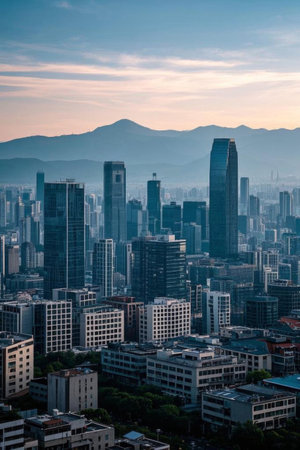 Long term views of city towers and distant mountainsの素材