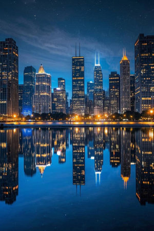 Reflections of high rise buildings in the city night viewの素材