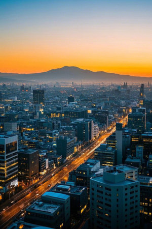 City skyscrapers and street views at duskの素材