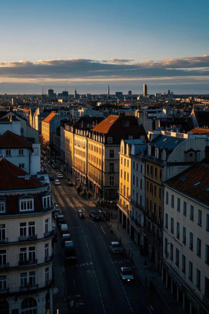 A view of the city street buildings at duskの素材