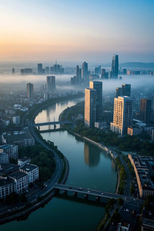 Morning view of the city's riverside skyscrapersの素材