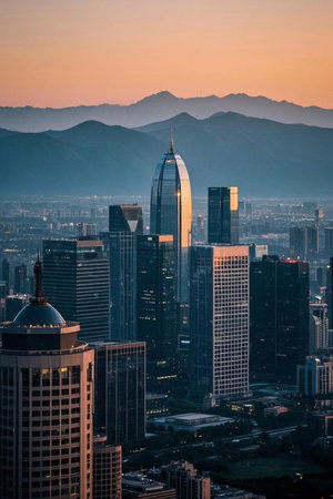 Panoramic view of the city's skyscrapers and distant mountains at duskの素材
