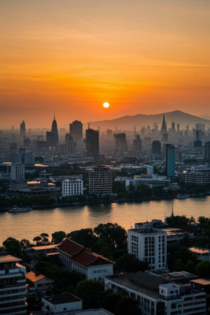 Panoramic view of the city sunset and riverside buildingsの素材