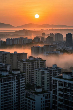 High rise view at sunrise in the cityの素材