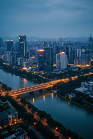 Night view of the city's riverside high riseの素材