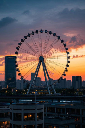 City Ferris wheel and sunset viewの素材