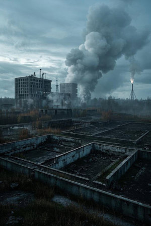 Smoke billowing from an abandoned factory chimneyの素材
