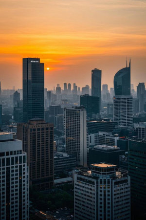 Panoramic sunset view of the city's high rise buildingsの素材