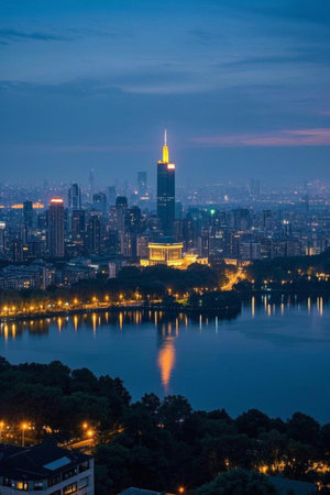 Overlooking the night view of the high rise buildings along the city lakeの素材
