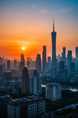 Guangzhou city sunrise high rise viewの素材