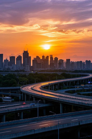 Panoramic view of the city overpass at sunsetの素材