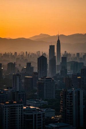 Panoramic view of sunrise from a city high riseの素材