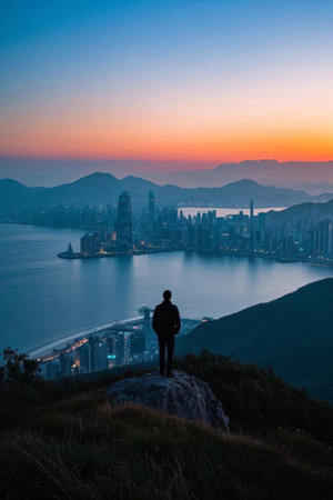 Man on the top of a mountain overlooking the Hong Kong city skylineの素材