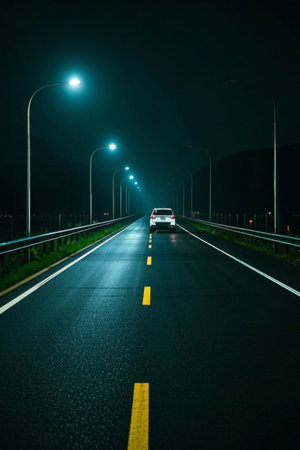 White cars driving on the road at nightの素材