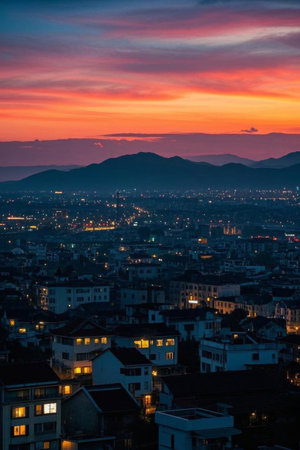 City dusk skyline and distant mountain landscapeの素材