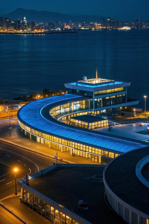 Aerial view of the seaside city buildings at nightの素材