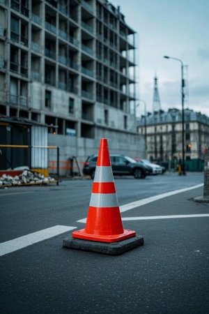 Traffic cones on the street and architectural backgroundの素材