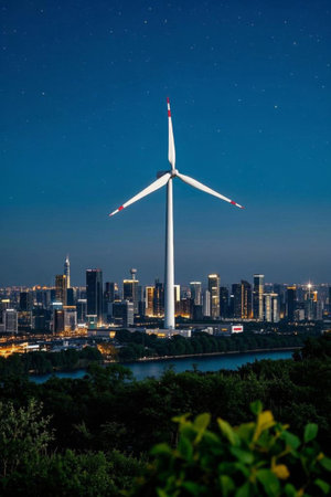 Wind turbine in the city night viewの素材